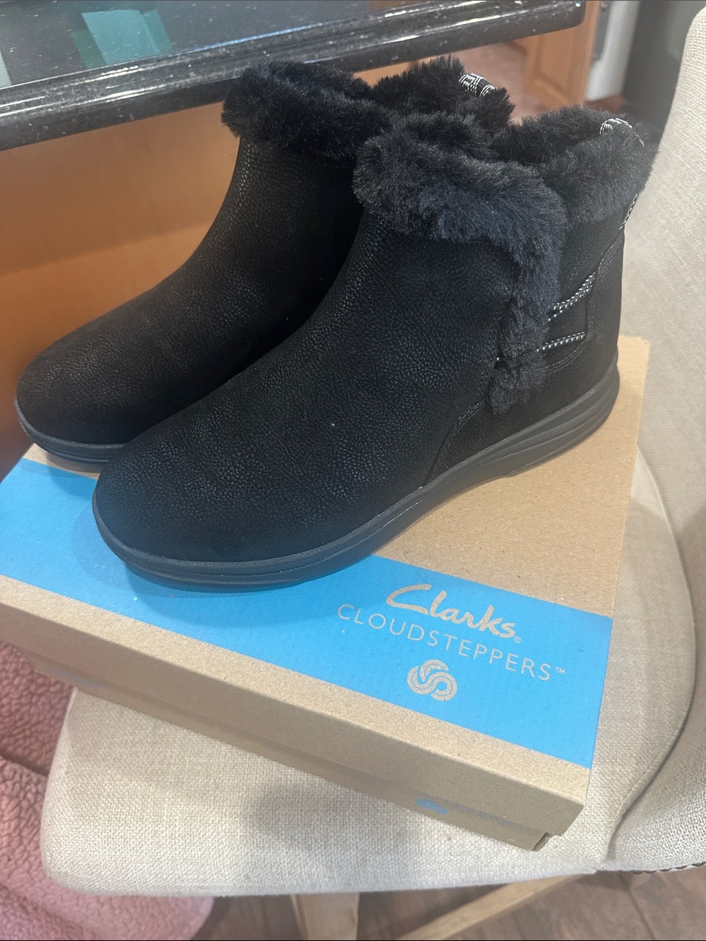 Clarks Black Faux-Fur Cuff Ankle Boots